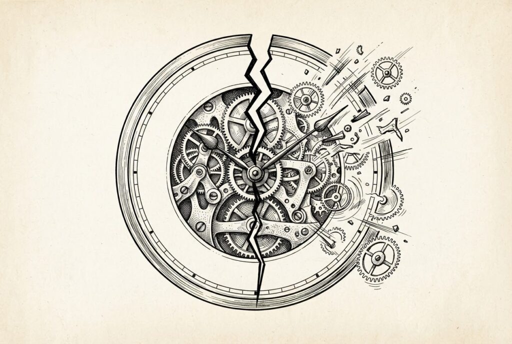 An antique clock mechanism split in two by a jagged crack - the left half shows intricate, precisely-engraved gears and clockwork representing deliberate control, while the right half fragments into motion lines and scattered parts representing attacks moving at inference speed. The crack at the center is the tension between slowing down and speeding up.