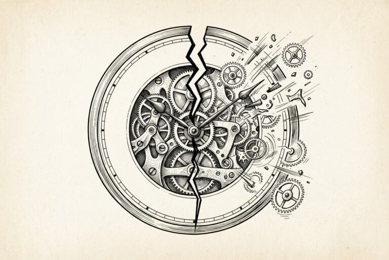 An antique clock mechanism split in two by a jagged crack - the left half shows intricate, precisely-engraved gears and clockwork representing deliberate control, while the right half fragments into motion lines and scattered parts representing attacks moving at inference speed. The crack at the center is the tension between slowing down and speeding up.