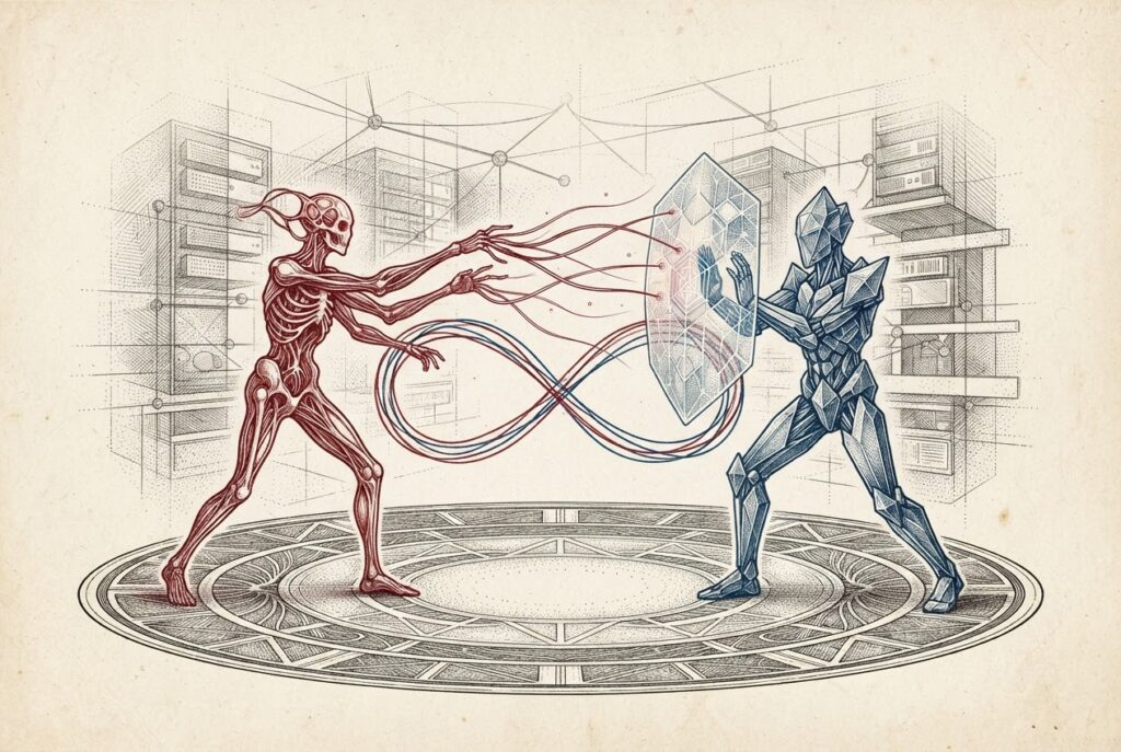 Two stylized AI agent figures—one red, one blue—face each other across a circular arena, connected by flowing lines forming a continuous loop, with a translucent digital twin of network infrastructure visible through cross-hatching behind them