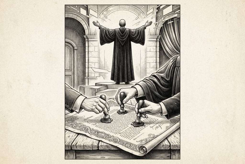 Three hands converge from different directions to press wax seals onto an ornate legislative document, while a solitary faceless figure stands above and apart, reaching toward objects outside the frame - representing autonomous AI agents operating beyond the reach of the duty-of-care obligation being signed below