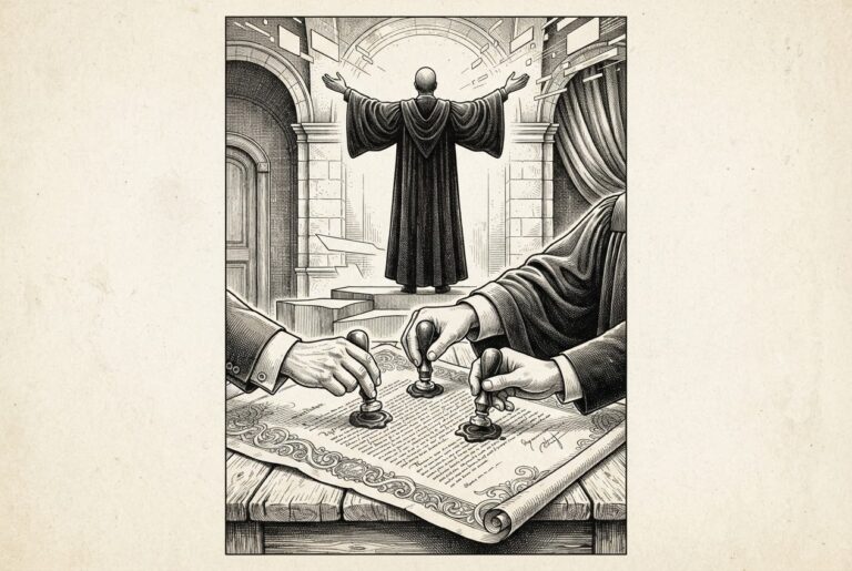 Three hands converge from different directions to press wax seals onto an ornate legislative document, while a solitary faceless figure stands above and apart, reaching toward objects outside the frame - representing autonomous AI agents operating beyond the reach of the duty-of-care obligation being signed below