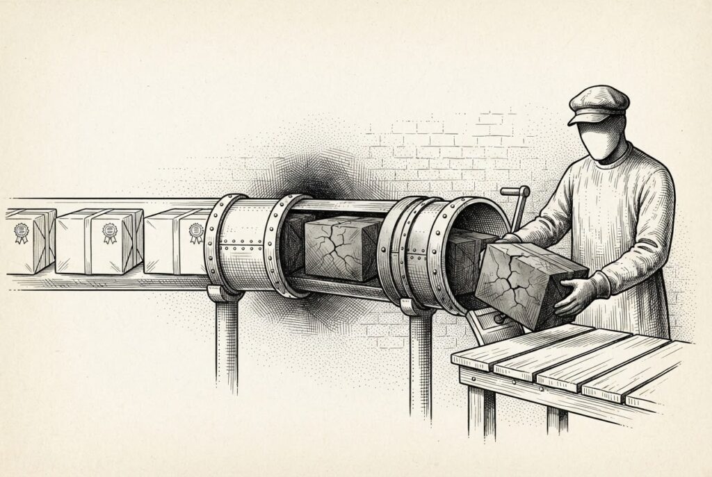 A trusted supply pipeline carrying clean, certified parcels has been secretly rerouted - contaminated parcels identical to the clean ones flow through the same corridor, and a faceless figure receives them without knowing which are safe and which are poisoned. The trusted channel has become the attack surface.