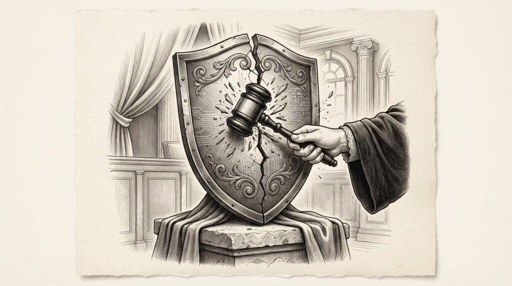 A cracked shield being struck by a judge's gavel, symbolizing the removal of the AI defense in Connecticut's employment law