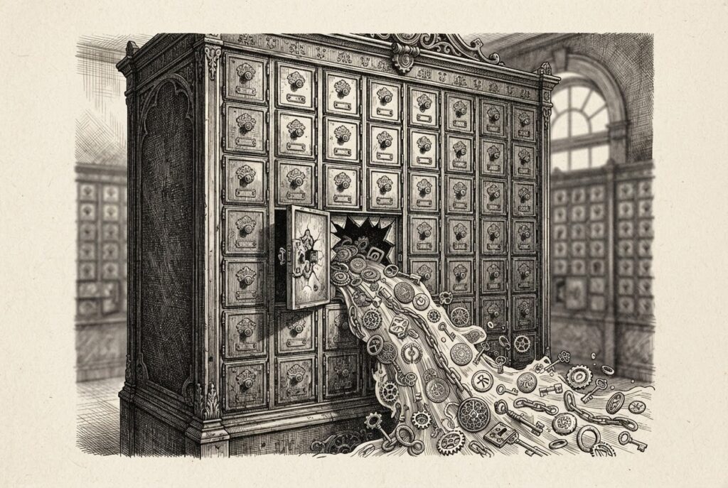 Monochrome pen-and-ink engraving of a massive ornate iron mailbox system with one compartment door hanging open, its lock mechanism broken with tumblers scattered, as relay chains and authentication tokens flow freely through the broken lock
