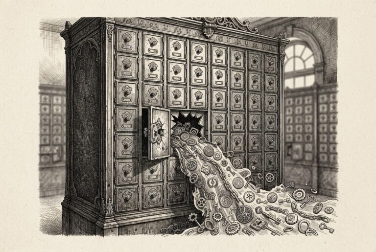 Monochrome pen-and-ink engraving of a massive ornate iron mailbox system with one compartment door hanging open, its lock mechanism broken with tumblers scattered, as relay chains and authentication tokens flow freely through the broken lock