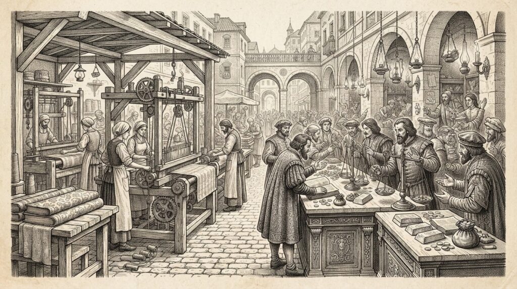 A workforce graph showing mechanical automata being marked with wax seals alongside human figures, representing the granting of identity and access in an enterprise environment