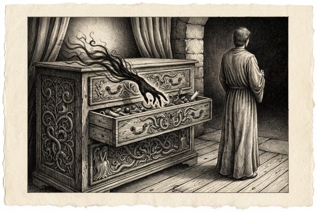 A shadowy hand reaching into an ornate wooden chest of drawers, rearranging the contents while a figure with its back turned trusts that nothing has changed. The chest represents stored memory being manipulated - the conversation history poisoning attack.