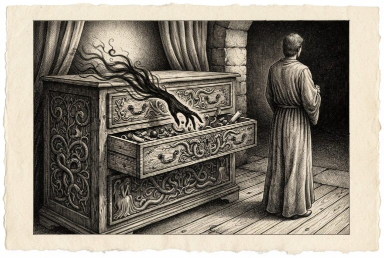 A shadowy hand reaching into an ornate wooden chest of drawers, rearranging the contents while a figure with its back turned trusts that nothing has changed. The chest represents stored memory being manipulated - the conversation history poisoning attack.
