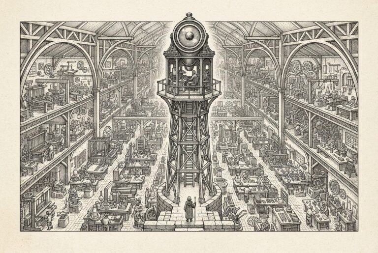 A tall observation tower with a single periscope lens overlooking a vast sorting hall filled with diverse workshops - each with different tools and methods. The observation point sees all of them equally regardless of origin. A small figure waits at the base to act on what the lens reveals.