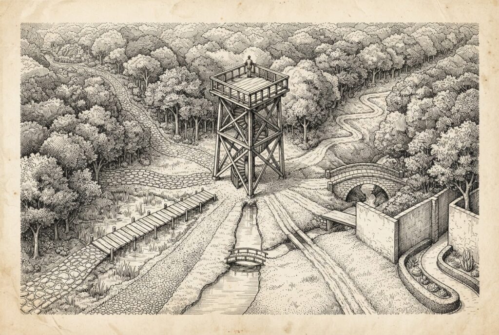 An elevated wooden observation platform rising above a dense canopy with nine distinct trails converging toward its base from different terrains - representing cross-platform agent governance unified through a single vantage point