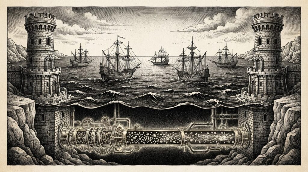 Monochrome engraving of two stone watchtowers connected by an underground brass conduit with flowing tokens, while sailing ships sit idle on the surface - representing digital ledger settlement working while traditional banking sleeps