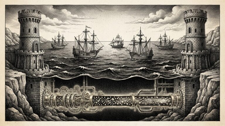 Monochrome engraving of two stone watchtowers connected by an underground brass conduit with flowing tokens, while sailing ships sit idle on the surface - representing digital ledger settlement working while traditional banking sleeps