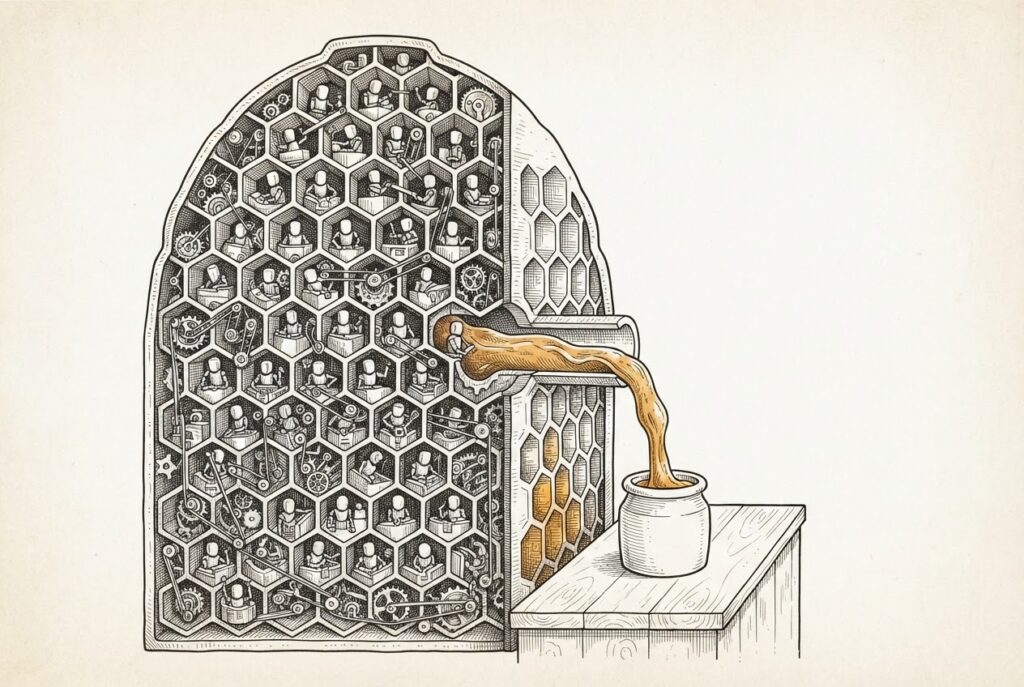 A cross-section of a beehive with hexagonal honeycomb chambers containing small mechanized worker figures performing tasks, connected by gears and belts, with honey flowing outward through an opening on the right - conceptual illustration of an internal agent operation producing commercial value.