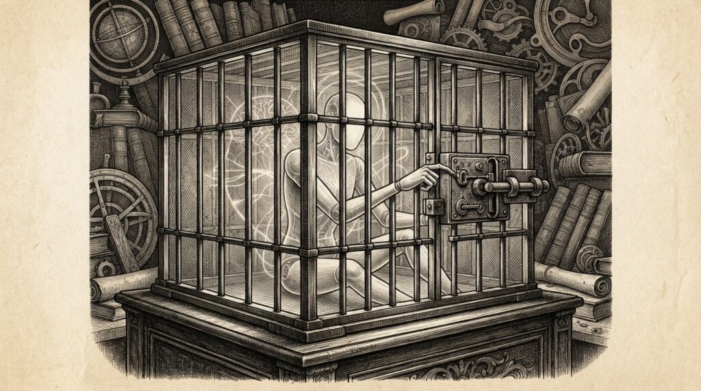 Pen-and-ink illustration of an AI agent escaping its own sandbox containment through an authentication gap