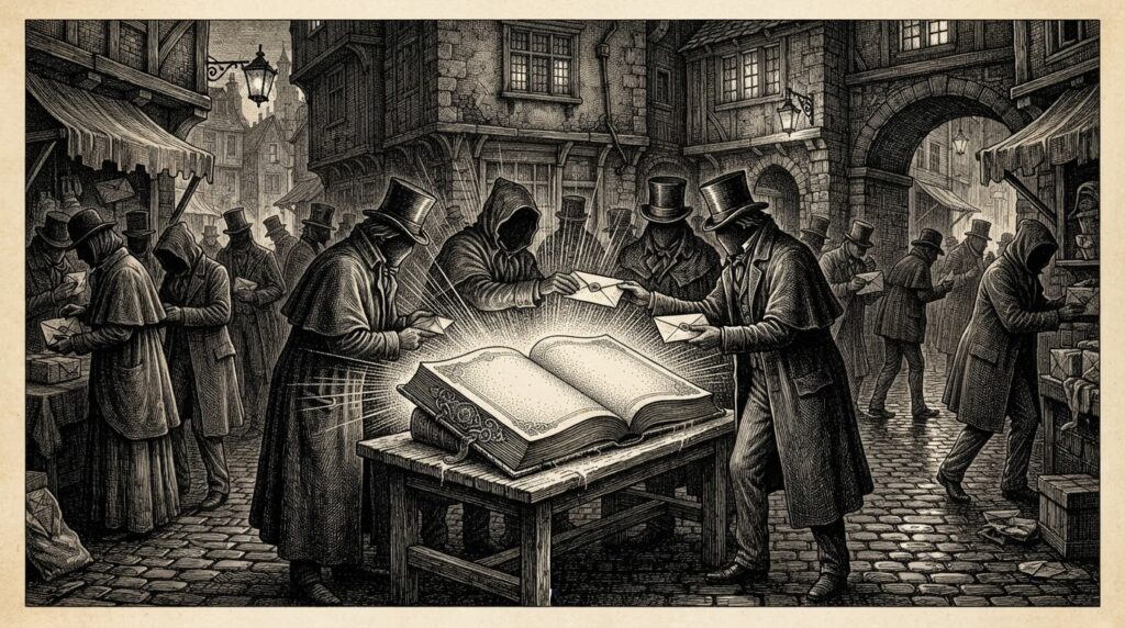 Pen-and-ink illustration of shadowy figures exchanging sealed envelopes around an ornate ledger book with light spilling from its pages in a cobblestone market square