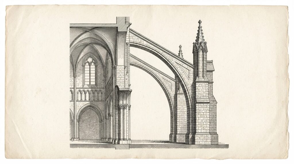 A massive cathedral flying buttress system depicted as an engineering cross-section diagram, with enormous external support structures channeling force through a single narrow pointed arch, representing architectural efficiency and asymmetric load distribution