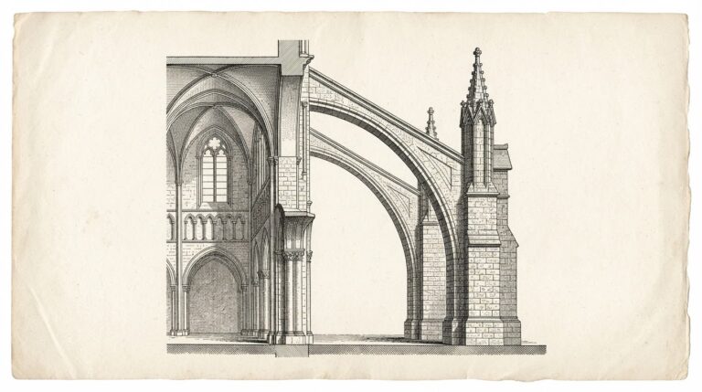 A massive cathedral flying buttress system depicted as an engineering cross-section diagram, with enormous external support structures channeling force through a single narrow pointed arch, representing architectural efficiency and asymmetric load distribution