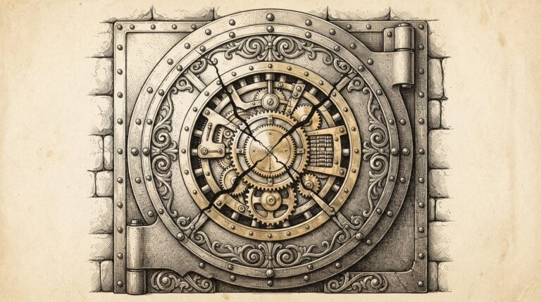 A massive ornate vault door viewed from the front, its intricate locking mechanism of gears, tumblers, and rotating discs visible through a cutaway section. The mechanism is fracturing from within with two distinct fracture lines crossing the assembly. Monochrome pen-and-ink engraving on warm paper. Conceptual illustration of PAM infrastructure as attack surface.