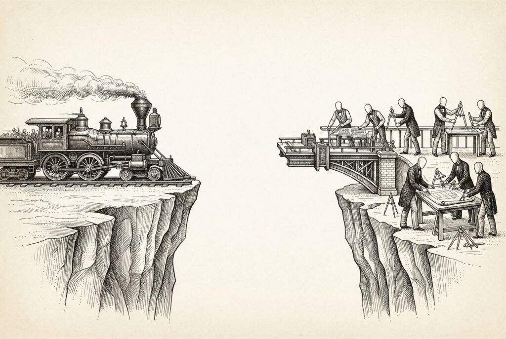 A vast chasm splits the scene. On the left, a locomotive rushes toward the cliff edge. On the right, faceless figures in formal attire build a bridge that stops abruptly in mid-air - the missing span between deployment speed and governance measurement.