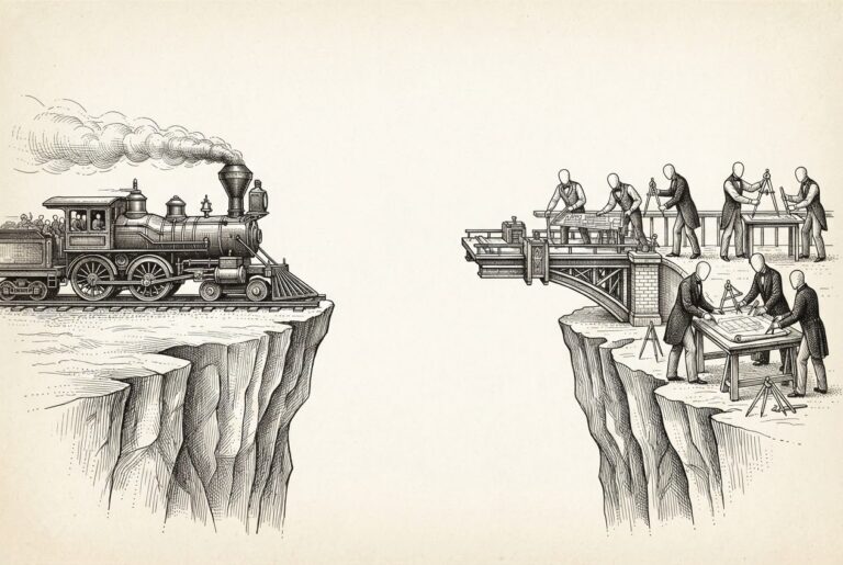 A vast chasm splits the scene. On the left, a locomotive rushes toward the cliff edge. On the right, faceless figures in formal attire build a bridge that stops abruptly in mid-air - the missing span between deployment speed and governance measurement.