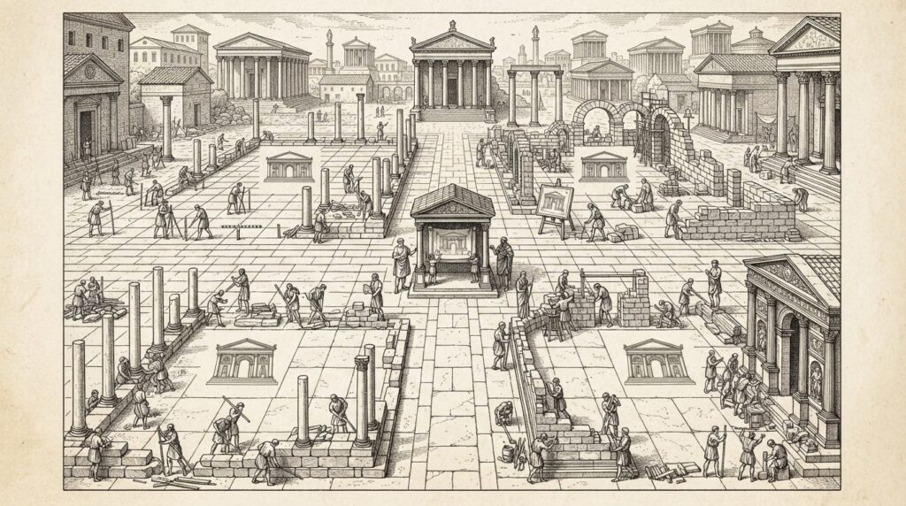 A classical marketplace divided by a geometric grid into four quadrants, with small engraved figures in each quadrant staking claims and building structures - representing competing vendors constructing on the same standardized harness blueprint.