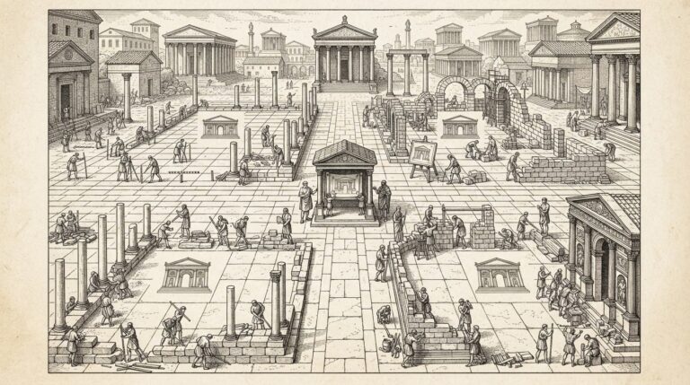 A classical marketplace divided by a geometric grid into four quadrants, with small engraved figures in each quadrant staking claims and building structures - representing competing vendors constructing on the same standardized harness blueprint.