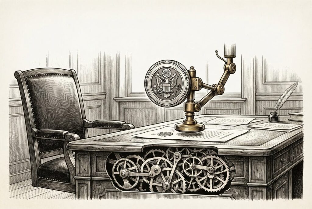 An ornate government seal on a mechanical arm descends to stamp a document while the human chair behind the desk sits empty - automated regulatory approval without genuine oversight
