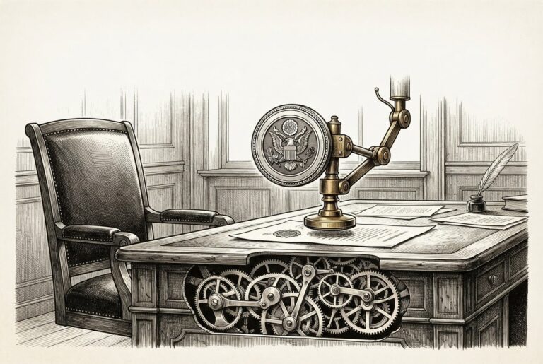 An ornate government seal on a mechanical arm descends to stamp a document while the human chair behind the desk sits empty - automated regulatory approval without genuine oversight