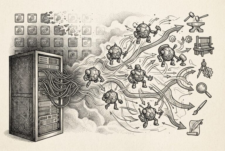 A cloud server rack transforming into a network of autonomous agents, with traditional VM icons fading into the background while agent nodes connect to tool endpoints. Monochrome pen-and-ink engraving.
