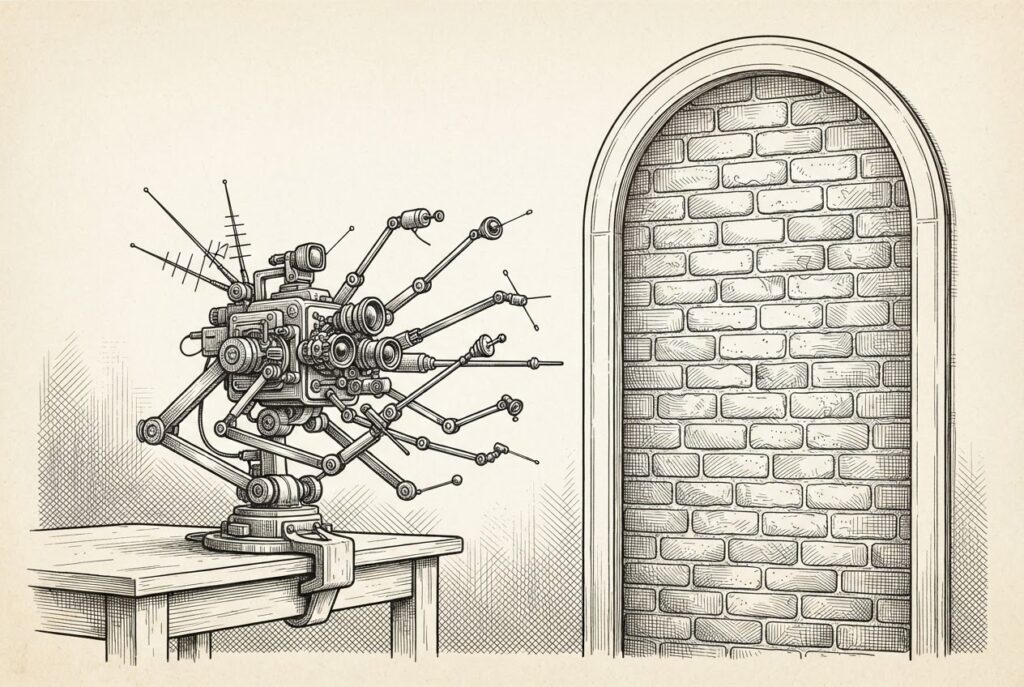 An abstract precision sensing mechanism with articulated brass arms, antenna arrays, and lens clusters perched on a domestic table, reaching toward a tall arched doorway sealed with bricks and mortar.