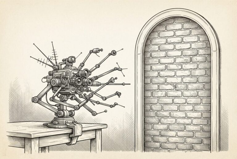 An abstract precision sensing mechanism with articulated brass arms, antenna arrays, and lens clusters perched on a domestic table, reaching toward a tall arched doorway sealed with bricks and mortar.