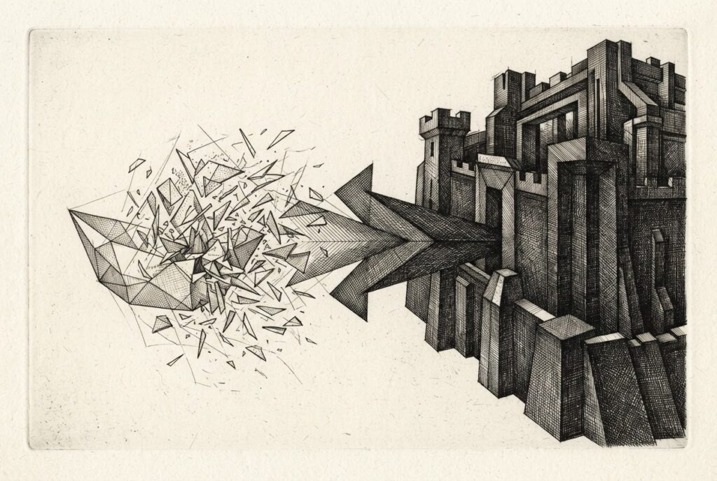 Abstract allegory: a fragile thin-walled vessel shattering apart on the left transforming into a massive fortified structure with dense cross-hatched impenetrable walls on the right - representing Docker's shift from containers to microVM-based agent isolation