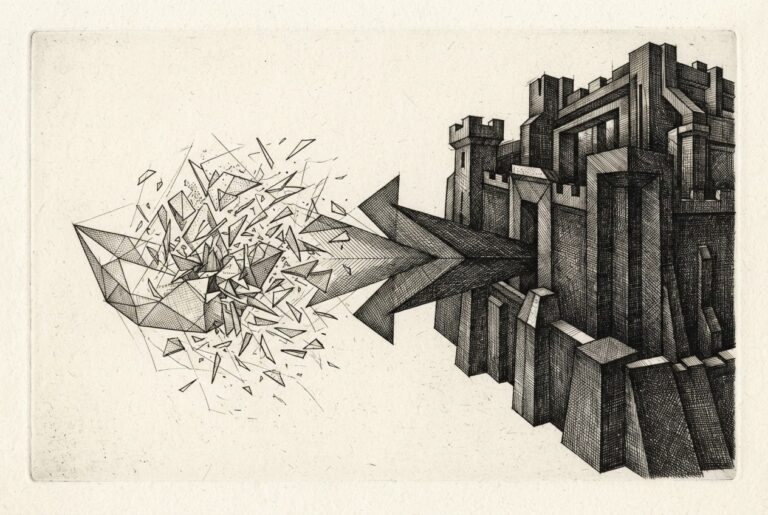 Abstract allegory: a fragile thin-walled vessel shattering apart on the left transforming into a massive fortified structure with dense cross-hatched impenetrable walls on the right - representing Docker's shift from containers to microVM-based agent isolation