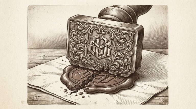 An ornate seal press cracking wax beneath pressure, representing enterprise identity verification failing under the weight of autonomous agent threats