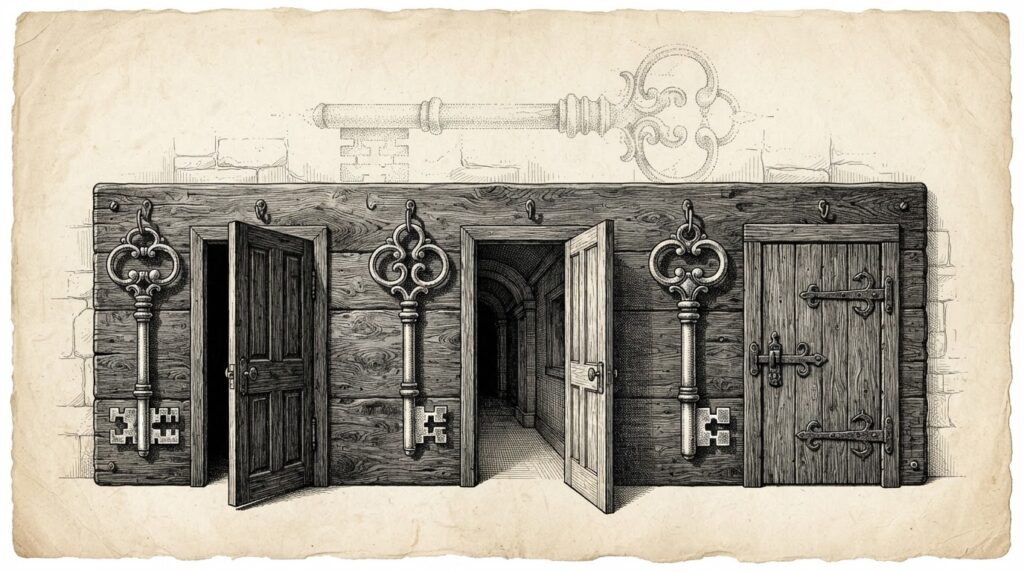 Three ornate Victorian skeleton keys mounted on a dark wooden board, each protecting a different door — one slightly ajar, one half-open, one firmly closed — symbolizing the fragmented agent trust stack with no unified key