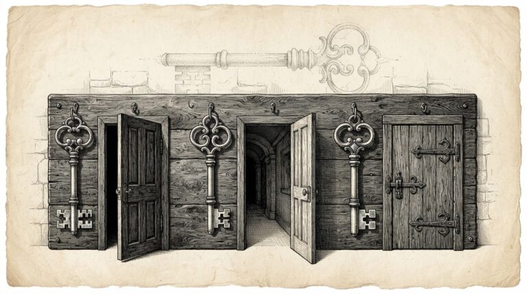 Three ornate Victorian skeleton keys mounted on a dark wooden board, each protecting a different door — one slightly ajar, one half-open, one firmly closed — symbolizing the fragmented agent trust stack with no unified key