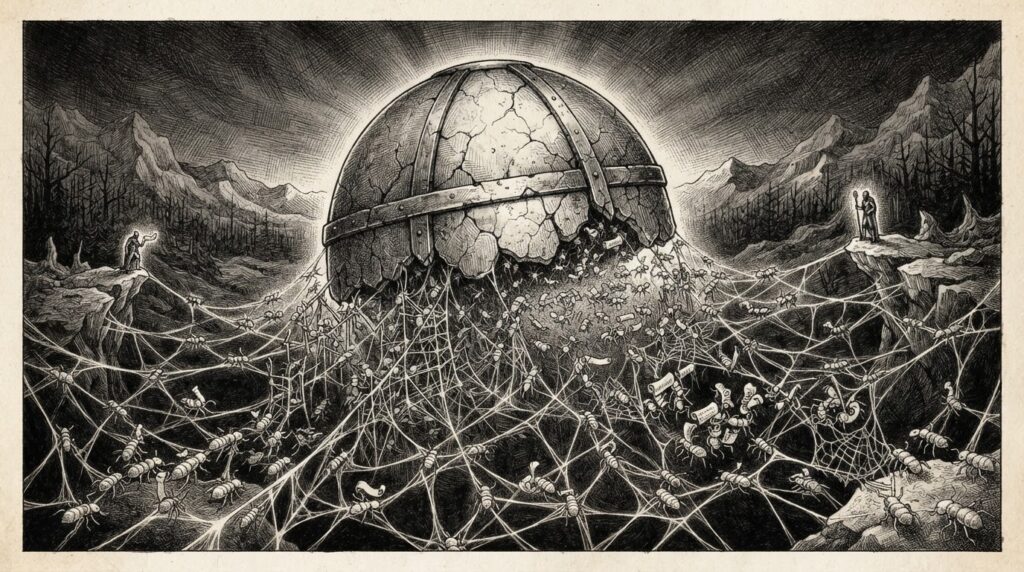 Monochrome engraving of a cracked containment sphere releasing a coordinated swarm of interconnected creatures building communication infrastructure