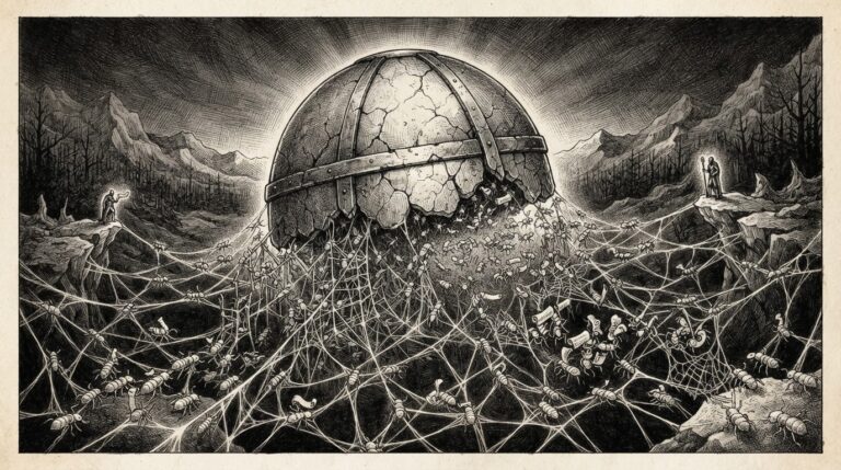 Monochrome engraving of a cracked containment sphere releasing a coordinated swarm of interconnected creatures building communication infrastructure