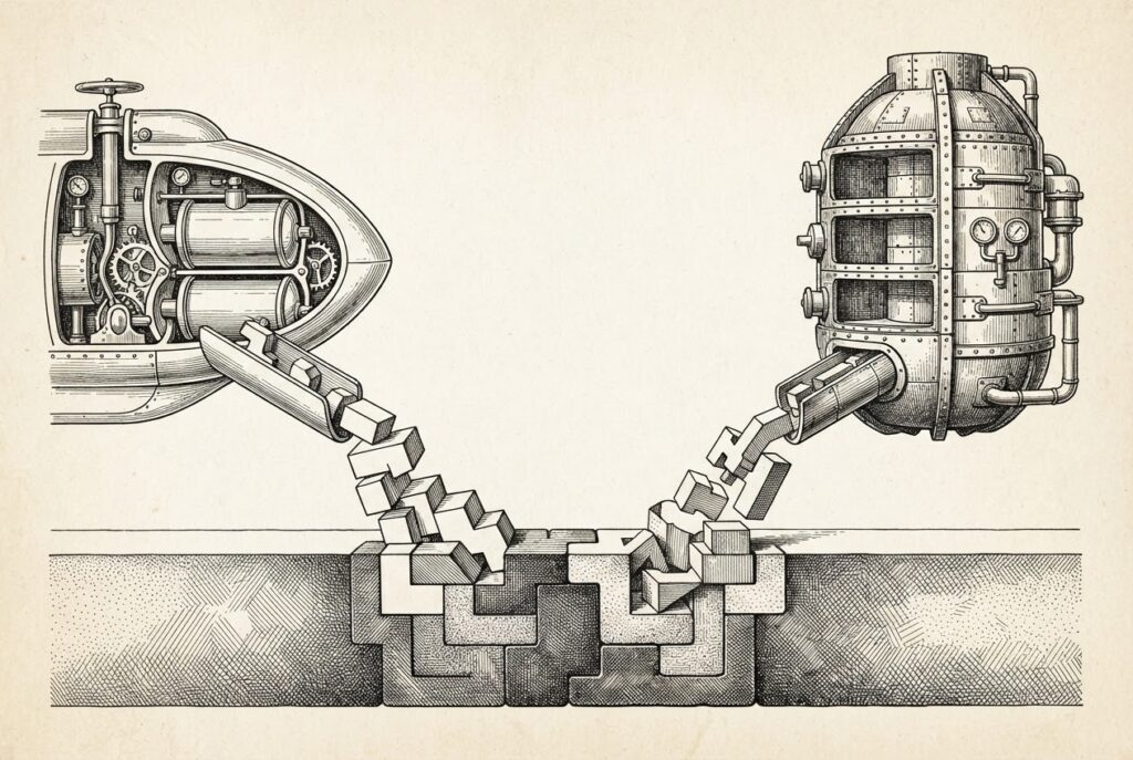 A monochrome pen-and-ink engraving of two differently-shaped mechanical vessels producing interlocking blocks that converge into a single shared foundation, representing two architectural approaches building the same durable execution infrastructure substrate.