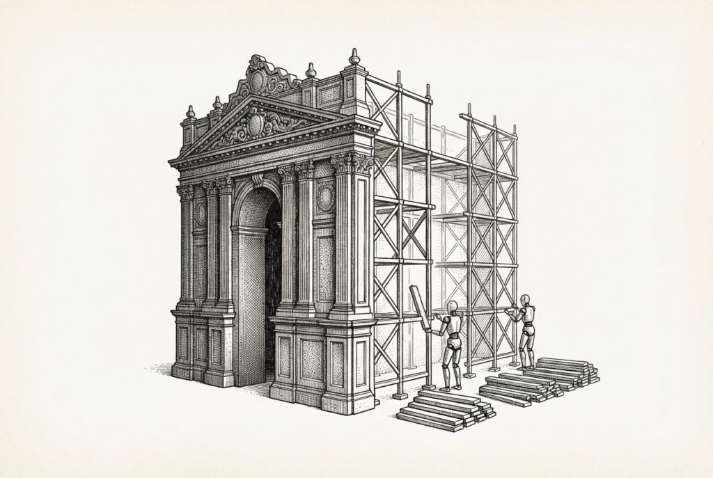 A grand ornate scaffolding structure viewed from a three-quarter angle - the front facade still stands imposing while from behind, faceless figures quietly remove crossbeams and support struts, hollowing out the internal structure. The SaaS model being replaced from within by agents, not attacked from outside.