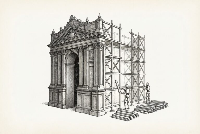 A grand ornate scaffolding structure viewed from a three-quarter angle - the front facade still stands imposing while from behind, faceless figures quietly remove crossbeams and support struts, hollowing out the internal structure. The SaaS model being replaced from within by agents, not attacked from outside.