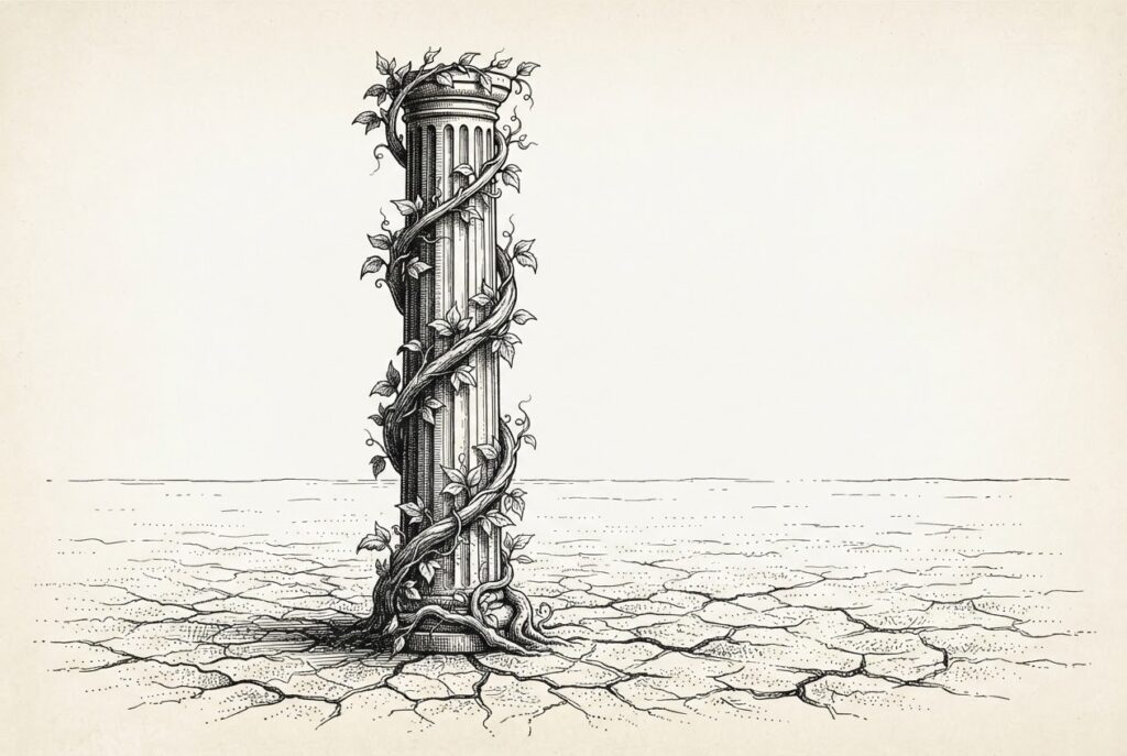 A single thick vine wrapping around a solitary classical column in barren cracked ground - the visual metaphor for total dependency disguised as growth