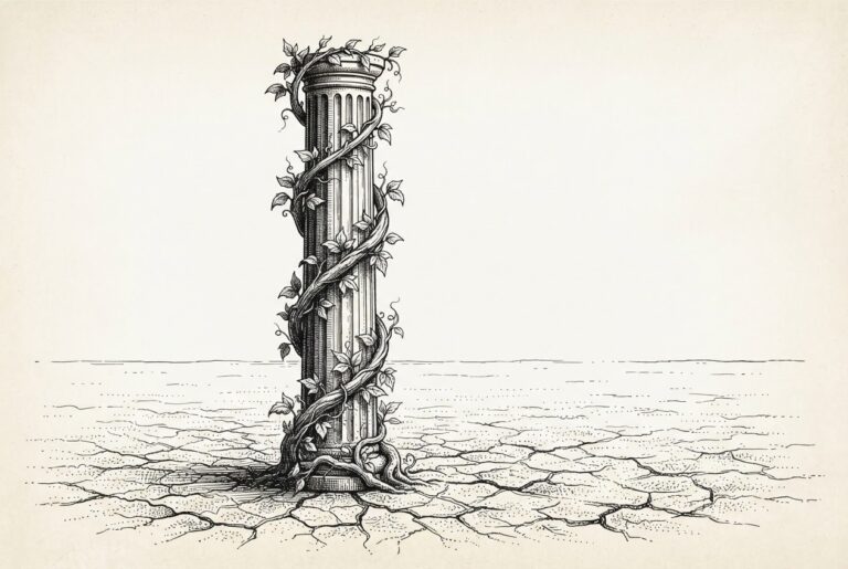 A single thick vine wrapping around a solitary classical column in barren cracked ground - the visual metaphor for total dependency disguised as growth