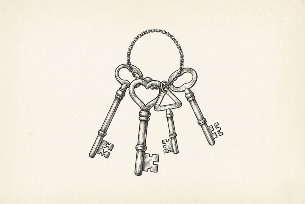 Four ornate keys on a single chain, each with a distinct ward and bow design, forming one interconnected cluster - four vendors building separate governance instruments for the same lock.