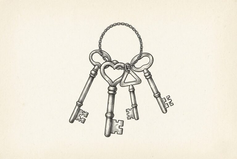 Four ornate keys on a single chain, each with a distinct ward and bow design, forming one interconnected cluster - four vendors building separate governance instruments for the same lock.