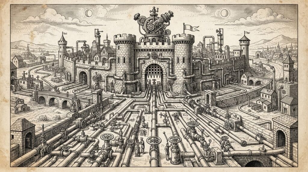 A fortified gatehouse with pipes and conduits radiating outward, each controlled by a different mechanical valve - network-level control of agent tool connections