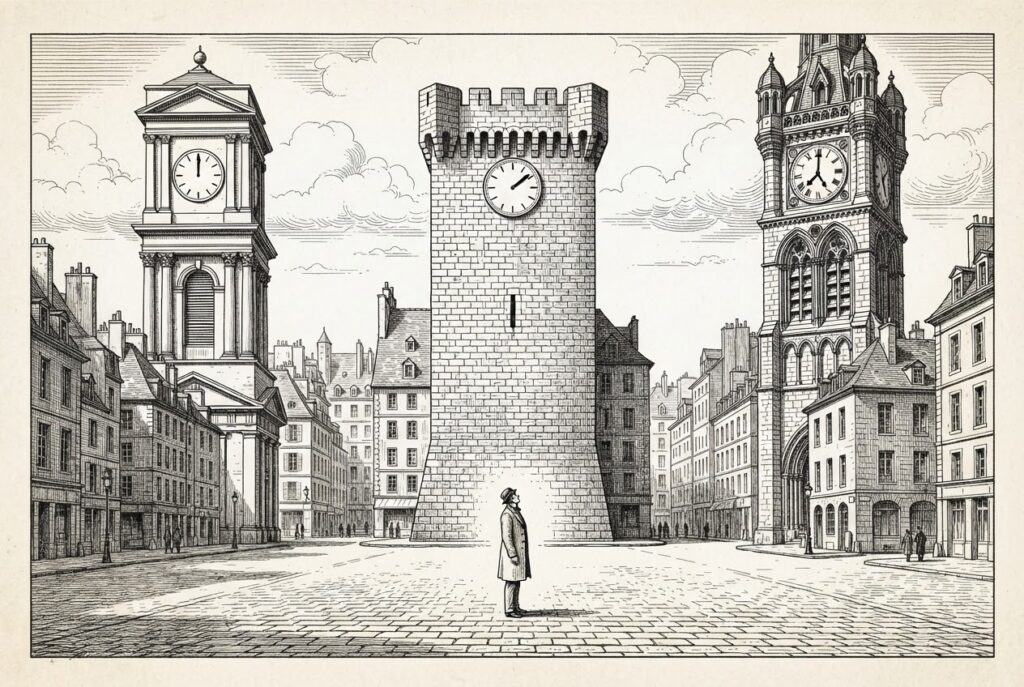 Three architecturally distinct clock towers rise above a European stone cityscape - one classical, one fortress-like, one ornate - each showing a dramatically different time, while a single small figure stands in the cobblestone plaza below looking up, symbolizing the builder caught between three unsynchronized compliance timelines.