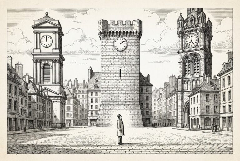 Three architecturally distinct clock towers rise above a European stone cityscape - one classical, one fortress-like, one ornate - each showing a dramatically different time, while a single small figure stands in the cobblestone plaza below looking up, symbolizing the builder caught between three unsynchronized compliance timelines.