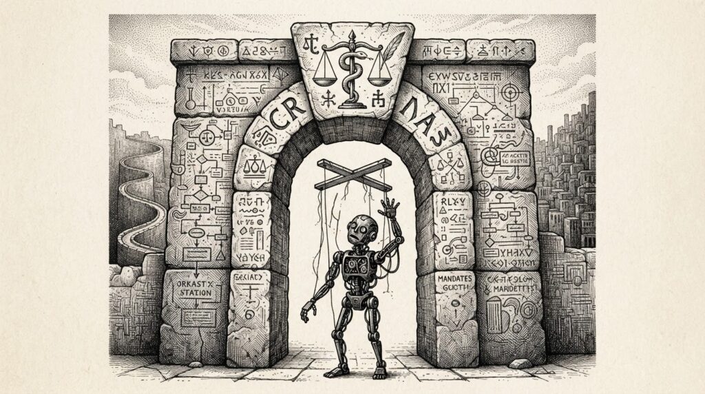 Pen-and-ink illustration of an autonomous AI agent standing before an ancient regulatory gateway, with old rules failing to describe the new technology