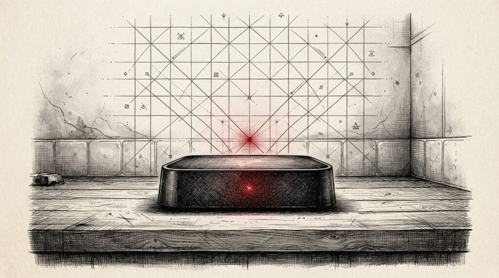 Pen-and-ink illustration of a smart home device with a blinking regulatory warning light casting oversight grid patterns, symbolizing the gap between AI agent behavior and CRA compliance frameworks